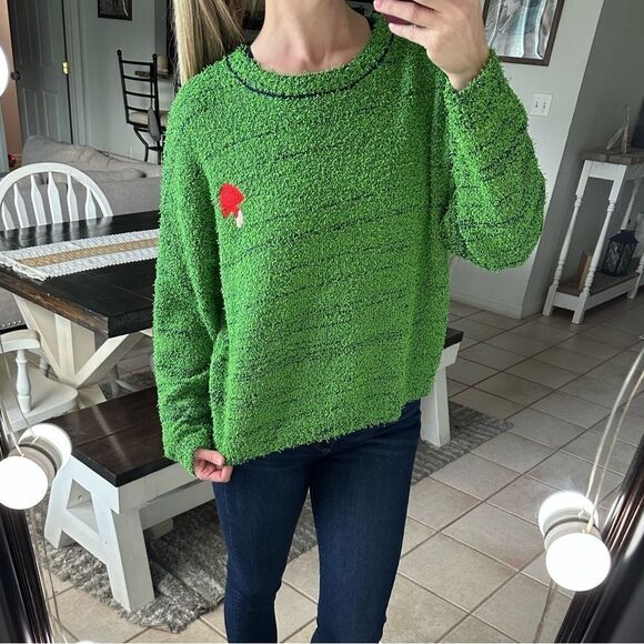 Cider Green & Navy Mushroom Embroidery Textured Gardencore Fairycore Sweater - Picture 2 of 10